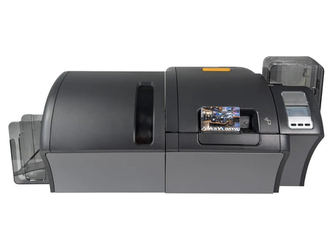 Solid Workhorse Dual-Sided ID Card Printer With Built-In Laminator And USB LAN Connectivity For Crisp CR-80 Results At 300 DPI, grey body design.