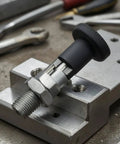 Zero Hassle Self Locking Indexing Pin Featuring Compact Spring Plunger Trigger And Knurled Pull Knob on metal fixture in workshop.
