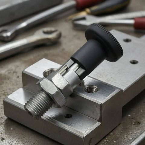 Zero Hassle Self Locking Indexing Pin Featuring Compact Spring Plunger Trigger And Knurled Pull Knob on metal fixture in workshop.