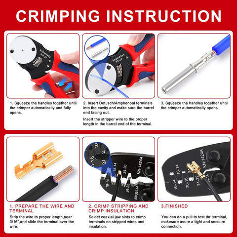 Deutsch DT Connector Crimp Kit With Open And Close Barrel Crimpers, Weather Pack Terminals, crimping instructions, auto wiring tool