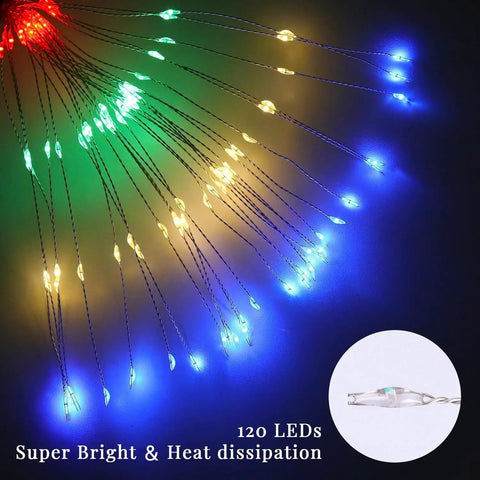 4 Pack Solar Garden Lights With 120 LED Starburst Effects in multiple colors, showing detailed close-up of LED light on black background.