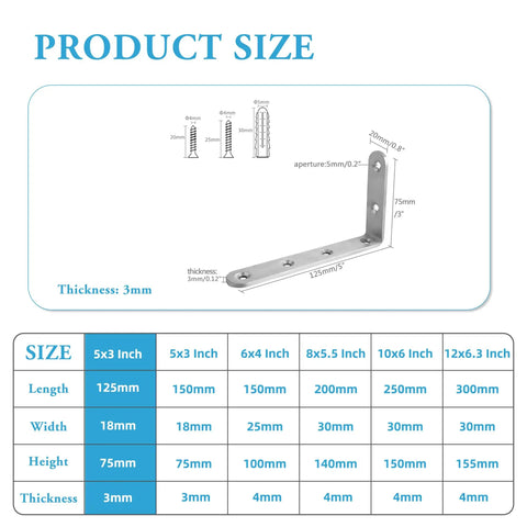 Diagram showing dimensions of Tough As Nails Heavy Duty 12 Piece Floating Shelf Brackets Set Stainless Steel L Bracket Corner Brace 5 By 3 Inch With Brushed Finish
