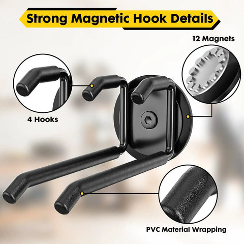 Heavy Duty Magnetic Hooks 4 Pack No Drill Mount On Iron Surfaces With 22-Pound Load Capacity showing details of hooks and magnets.