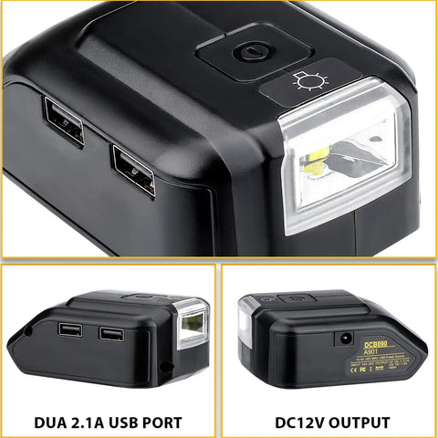 All In One 20V Battery Adapter With USB Phone Charger And LED Work Light, dual USB ports, DC 12V outlet close-up views