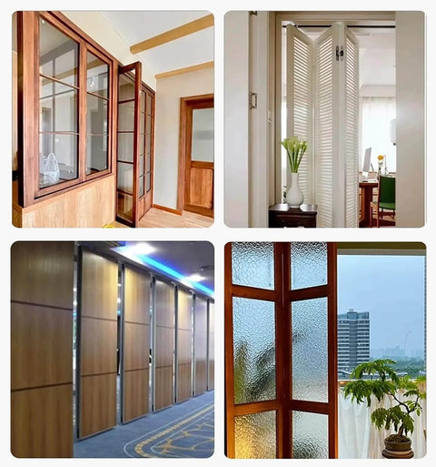 Bi-Folding Barn Door Hardware Sliding Track Kit For Double Wood Doors Beefy Heavy Duty Steel Rail With Hidden Ceiling Mount Whisper Quiet Smooth Roller System 118 Inch Long Track And Hardware Set installed in various interiors