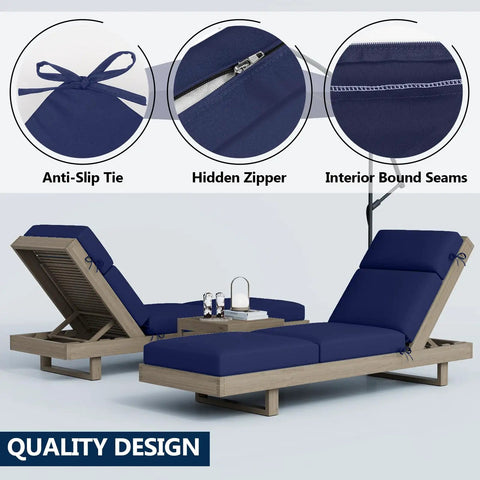 Two Pack Chaise Lounge Cushions Outdoor 72 By 21 By 4 Inches Waterproof Fade Resistant Thick Foam All Weather Patio Replacement Cushions on loungers with anti-slip ties, hidden zippers, and bound seams.