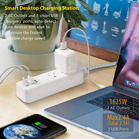 Go-To USB Charging Station with 2 Outlets and 3 USB Ports 3.1A 15W Desktop Power Hub with 5 ft braided extension cord
