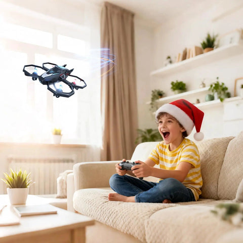 Child flying Camera Drone For Kids And Beginners with Remote Control indoors, enjoying easy altitude hold and 1080P FPV