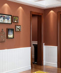 Matte Brown Peel And Stick Contact Paper Removable Wallpaper Self Adhesive Vinyl Waterproof For Kitchen Cabinets, Coffee Table And Bedroom Walls, 24 By 200 Inches, Repositionable, Bubble Free, Easy Install, No Mess shown on a redecorated room wall with framed art.