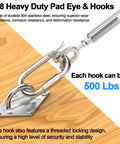 M8 Heavy Duty Pad Eye and Hook mounted on wood, part of Beefed Up Heavy Duty One Quarter Inch Wire Rope Kit With Fifty Foot Stainless Cable