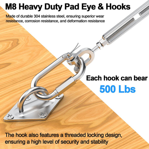 M8 Heavy Duty Pad Eye and Hook mounted on wood, part of Beefed Up Heavy Duty One Quarter Inch Wire Rope Kit With Fifty Foot Stainless Cable