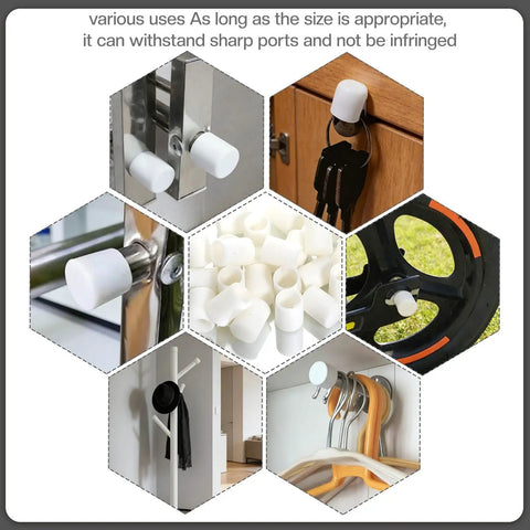 Thirty Pack Plastic Rubber Door Stopper Replacement Tips Universal Size White Door Stop Guards shown in various uses