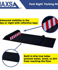 Park Right Parking Mat 21x11x2 Inches Red Garage Parking Aid with reflective tape and drip tray, tire bumps for alignment.
