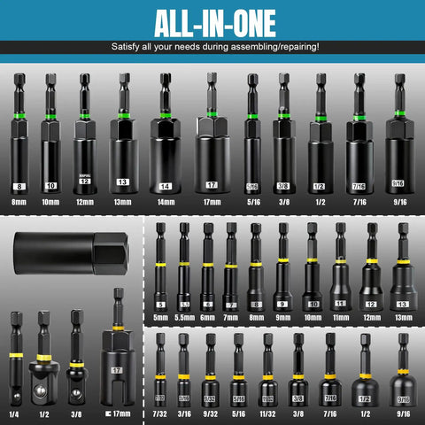 Complete set of Beefy Magnetic Impact Nut Driver Set With Metric And SAE displayed with various sizes and adapters shown