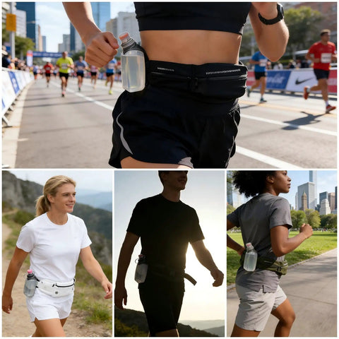 8.8oz Running Water Bottle With Removable Clip For Vests And Belts Clip On Hydration Bottle in use by runners on the go