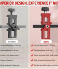 Comparison between two cabinet door jigs, highlighting features of the superior 2-In-1 Cabinet Door Mounting Jig With Quick Edge Positioner.