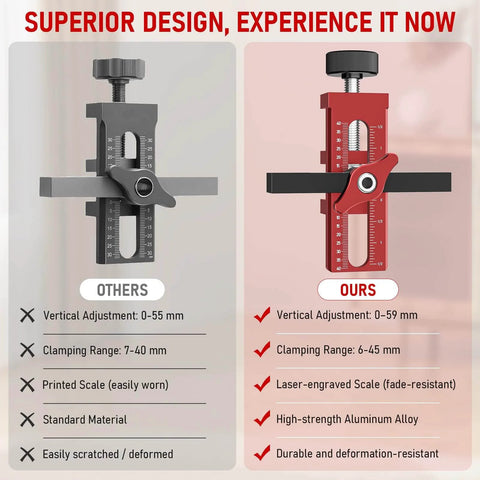 Comparison between two cabinet door jigs, highlighting features of the superior 2-In-1 Cabinet Door Mounting Jig With Quick Edge Positioner.