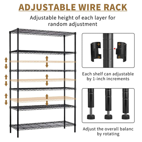 Six Tier Heavy Duty Wire Shelving Unit With Wheels 2100 Lb Capacity 45 By 18 By 82 Inches Adjustable Shelves In One Inch Increments NSF Certified Garage Basement Storage Rack Black Metal, adjustable shelves