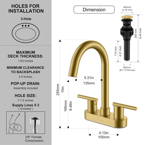 Diagram of Brushed Gold Centerset Bathroom Faucet 4 Inch 2 Handle 3 Hole Sink Faucet With Pop Up Drain showing dimensions.