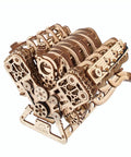 One Six Scale V8 Engine Wooden Model Kit For Adults With Moving Pistons Cam Shafts And Serpentine Belt 3D Mechanical Puzzle Hands On Diy Kit Functional Engine Replica With Electric Motor 776 Piece Count, angled view