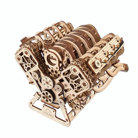 One Six Scale V8 Engine Wooden Model Kit For Adults With Moving Pistons Cam Shafts And Serpentine Belt 3D Mechanical Puzzle Hands On Diy Kit Functional Engine Replica With Electric Motor 776 Piece Count, angled view