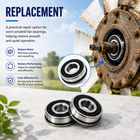 Windmill Bearing Repair Kit with Sealed Bearings One Half Inch Inner Diameter and One and Three Eighths Inch Outer Diameter DIY Friendly Designed for Eight Foot Lawn Garden Yard Windmill Fans Compatible with One and Three Eighths Inch Windmill Hubs shown against hub and blades.