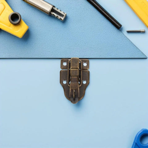 Retro Toggle Latch Iron Hasp Catch 12 Pack For Vintage Jewelry Box And Cabinet Hardware With Antique Blue Finish Adding Classic Suave Style To Your Craft Storage Solutions, bronze latch on blue board