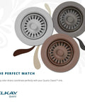 Color Matched Polymer Drain Fitting With Removable Basket Strainer And Rubber Stopper White Finish For Quartz Classic And Quartz Luxe Sinks Durable Color Matched Polymer Construction For No Fuss Install And Long Lasting Kitchen Sink Performance in three colors