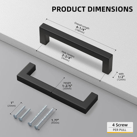 Upgrade Your Crib With Solid 10 Pack Matte Black Cabinet Handles And Drawer Pulls dimensions showing pull size and screw details.