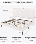 King Size Velvet Bed Frame With Adjustable Channel Tufted Headboard In Chic White Upholstery dimensions and specifications diagram.