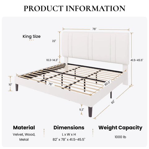 King Size Velvet Bed Frame With Adjustable Channel Tufted Headboard In Chic White Upholstery dimensions and specifications diagram.