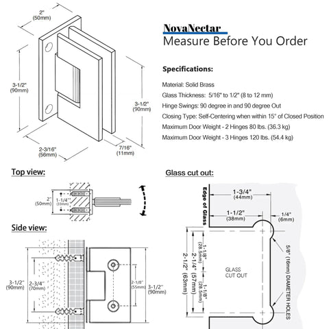 Hella Sturdy Brass Shower Door Hinges For Bathroom Glass detailed specifications and measurements for installation.