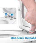 Elongated Toilet Seat With Cover Oval Quiet Close One Click Release For Easy Cleaning And Quick Removal, hand demonstrating release