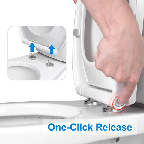Elongated Toilet Seat With Cover Oval Quiet Close One Click Release For Easy Cleaning And Quick Removal, hand demonstrating release