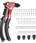 No Brainer One Hand Pop Rivet Gun With Quick Swap Nosepiece And Lockdown Storage Built For Rough Auto Fabrication And Sheet Metal Repair That Seriously Saves Your Wrists, red handle, multiple nosepieces and rivets included.