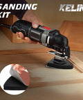Top Shelf 120 Piece Oscillating Multi Tool Accessory Kit Packing Tough As Nails Cutting Sanding And Scraping Blades Snap Right Onto Your Favorite Power Brand Mounts Including DeWalt And Milwaukee Plus A Sweet Dremel Adapter For Quick Fix Jobs - Close-up of sanding kit with a multi-tool on wood.