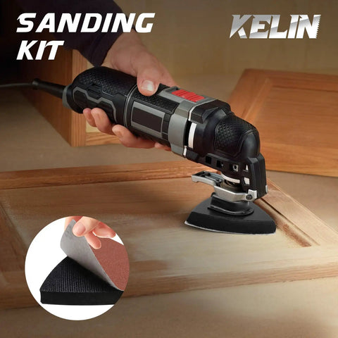 Top Shelf 120 Piece Oscillating Multi Tool Accessory Kit Packing Tough As Nails Cutting Sanding And Scraping Blades Snap Right Onto Your Favorite Power Brand Mounts Including DeWalt And Milwaukee Plus A Sweet Dremel Adapter For Quick Fix Jobs - Close-up of sanding kit with a multi-tool on wood.