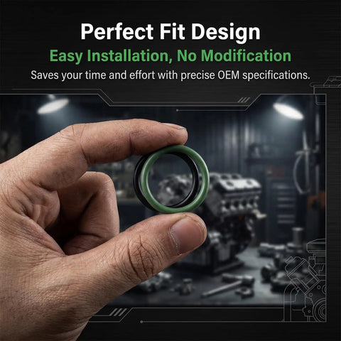Hand holding a green and black O ring from the Heavy Pickup Tube O Ring Seal Kit 6 Pcs M29517 for GM LS engines.