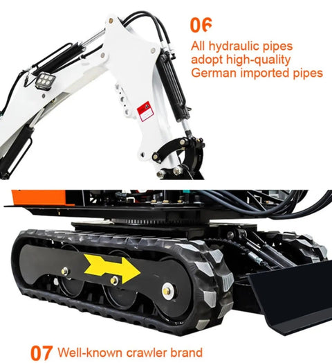 Close-up of 2 Ton Compact Crawler Excavator for Farm, Trenching, Landscaping and Small Construction Projects, hydraulic pipes.