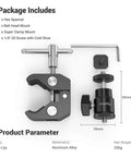 Beefy Clamp Mount With Mini Ball Head For Desk Or Rig, includes hex spanner, aluminum alloy material, 1/4 inch screw