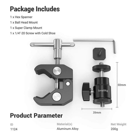 Beefy Clamp Mount With Mini Ball Head For Desk Or Rig, includes hex spanner, aluminum alloy material, 1/4 inch screw