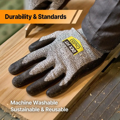 Level 5 Cut Resistant Gloves Cru553 With 3D Comfort Fit, ANSI A5 Protection, black and gray, large size, used on wood