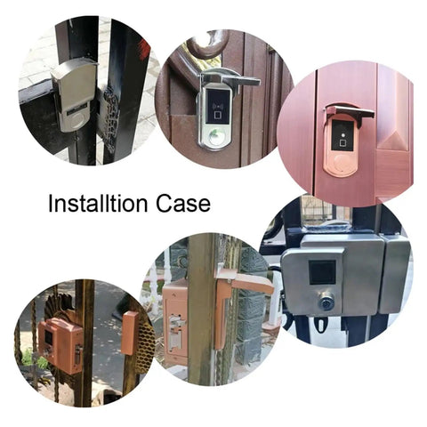 Heavy-Duty Waterproof Fingerprint Door Lock With IC Card Reader For Outdoor Gate And Entrance IP65 Rated Electronic Biometric Entry System installed on various gates