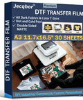 DTF Transfer Film Paper 11.7x16.5 Inches A3 30 Sheets box with printed t-shirts and printer setup