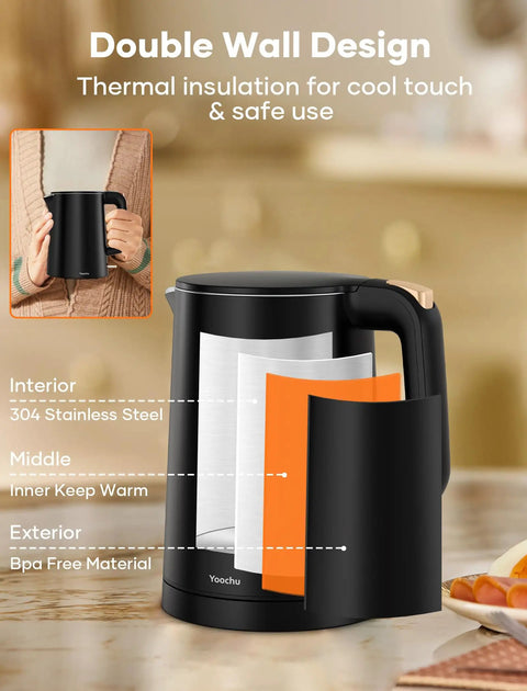 Tiny But Mighty 0.8L Electric Kettle With 1000W Fast Boil, Double Wall Stainless Steel, Cool Touch Handle, BPA Free, Black