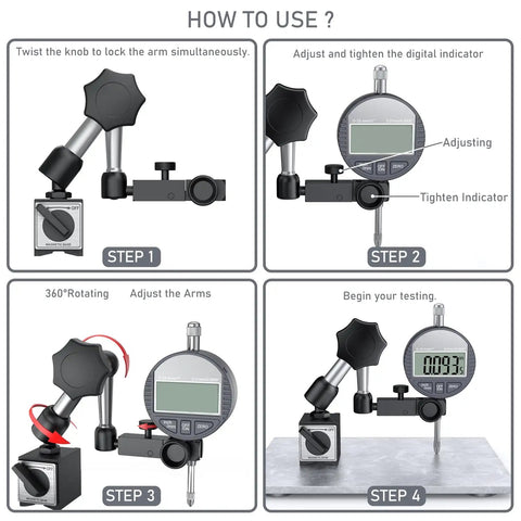 Instructions for using Digital Dial Indicator Gauge With Magnetic Base Stand For Precise Machining And QC, 90 Lb Tensile.