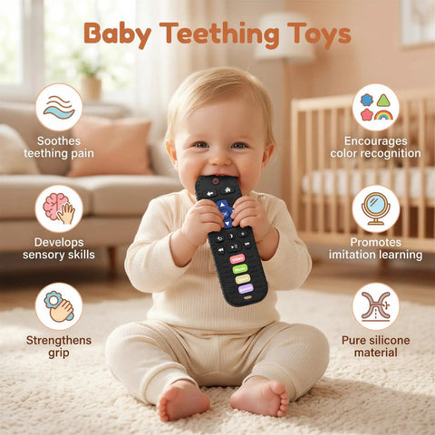 Baby playing with Realistic Remote Control Teether Toy For Babies, Sensory Silicone Chew Toy For Teething Relief, BPA Free Infant Gift