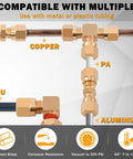 Brass DOT air brake line compression fittings on copper tubing; multiple sizes shown (1/4–5/8 in).