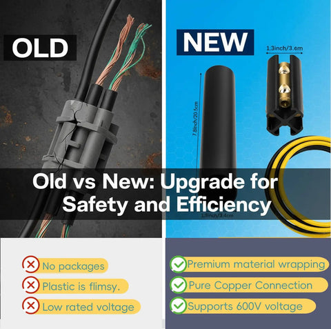 Comparison of old vs new Underground Wire Splice Kit for Direct Buried UF Cable 14/3 to 8/3, highlighting upgrades in safety and materials.