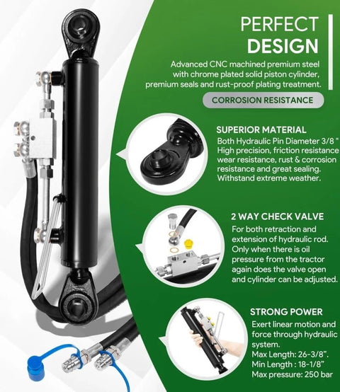 Image of Heavy Duty Hydraulic Top Link Kit For Category One Tractors And Implements With Locking Block Built Tough And Adjustable From 18 1/8 To 26 3/8 Inches Includes Two Hoses And Two Way Check Valve Cylinder For Tractors And Excavators. Presented with detailed specifications and features highlighted in the background.